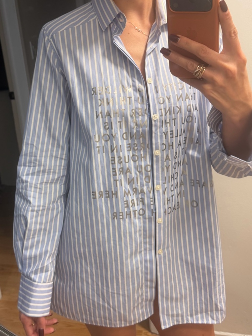 Blue & White Striped Button-Down Shirt with Text Print
